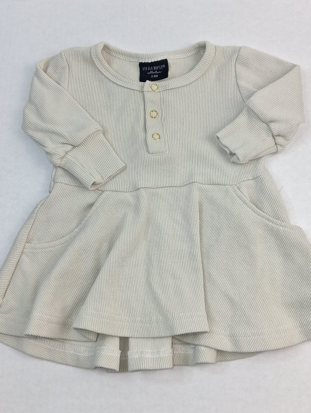 Little Bipsy Beige Ribbed Long Sleeve Dress 3-6M